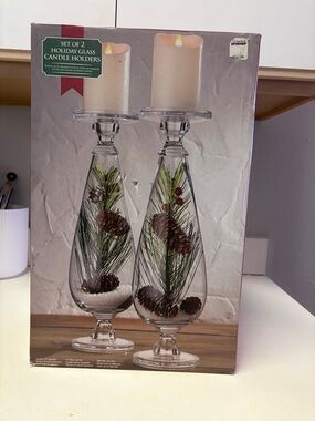 Set of 2 Holiday Glass Candle Holders - Pine & Pinecone Design